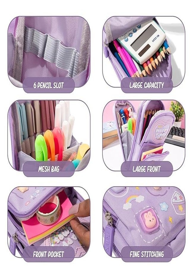 Veemok Premium Canvas Pencil Case - 3 Compartments, 6 Layer Large Capacity Zipper Pouch - Cute Aesthetic “Happy Time” Design for Girls, School Kids, and Office Use - (Pack-1) (Purple) - Image 4
